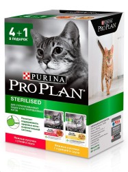 Влажный корм, Proplan (Проплан) 85 г 4+1 шт для стерилизованных кошек утка в соусе + курица в соусе паучи в коробке