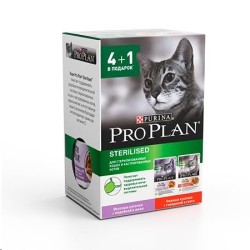 Влажный корм, Proplan (Проплан) 85 г 4+1 шт для стерилизованных кошек индейка в желе + говядина в соусе паучи в коробке